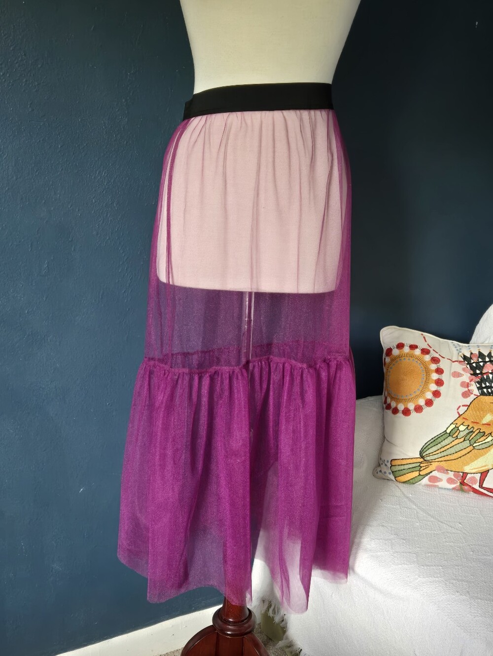 Luukaa Fuchsia Sheer Tiered Maxi Skirt with Black Waistband